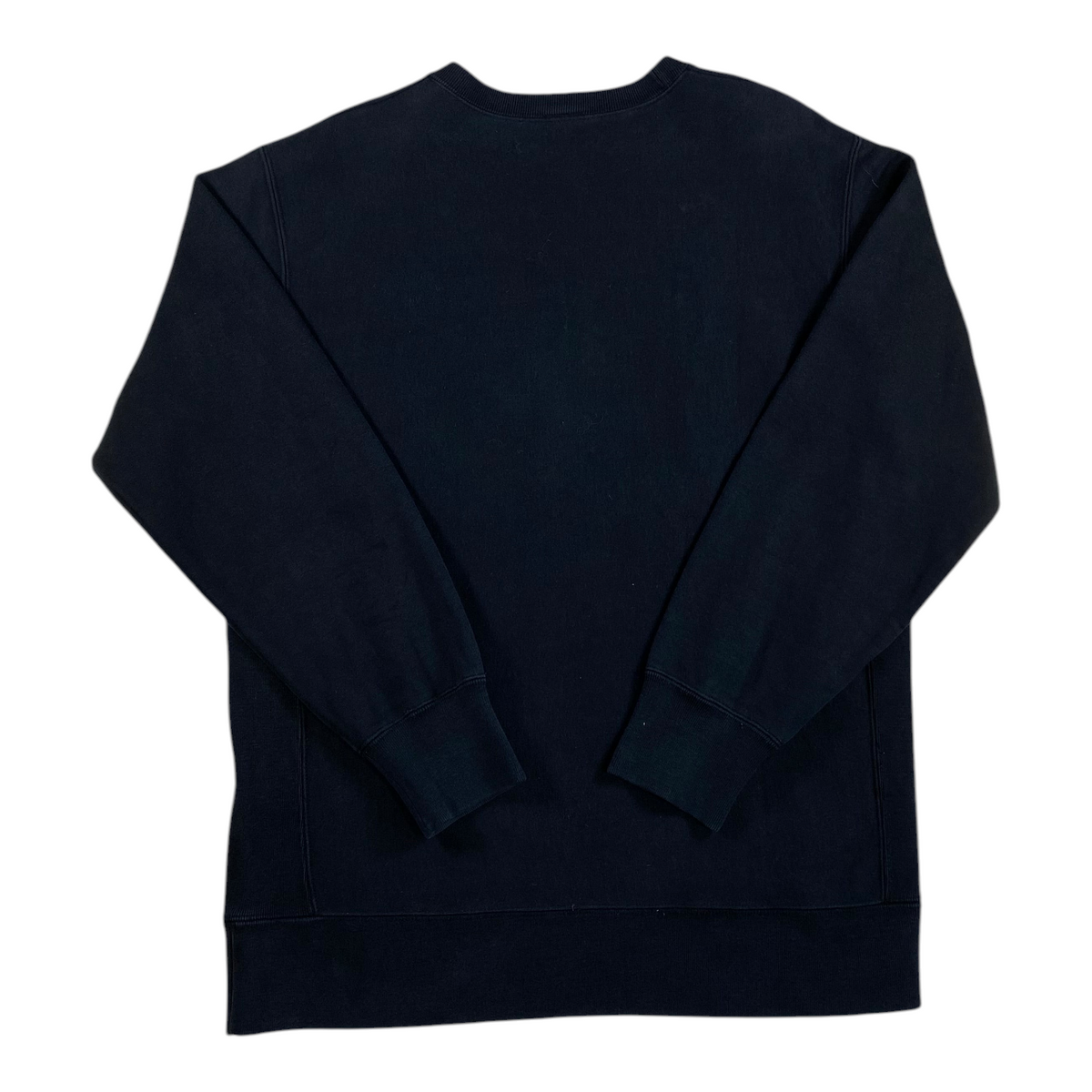 Back view of a plain black Digg It Thrift & Vintage crewneck sweatshirt with ribbed cuffs and hem.