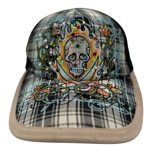 Digg It Thrift & Vintage Y2K Ed Hardy trucker cap with rhinestone skull embroidery and plaid brim