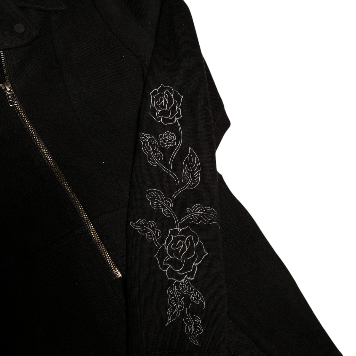 Digg It Thrift & Vintage black Harley-Davidson cardigan coat with white floral rose embroidery on the sleeve