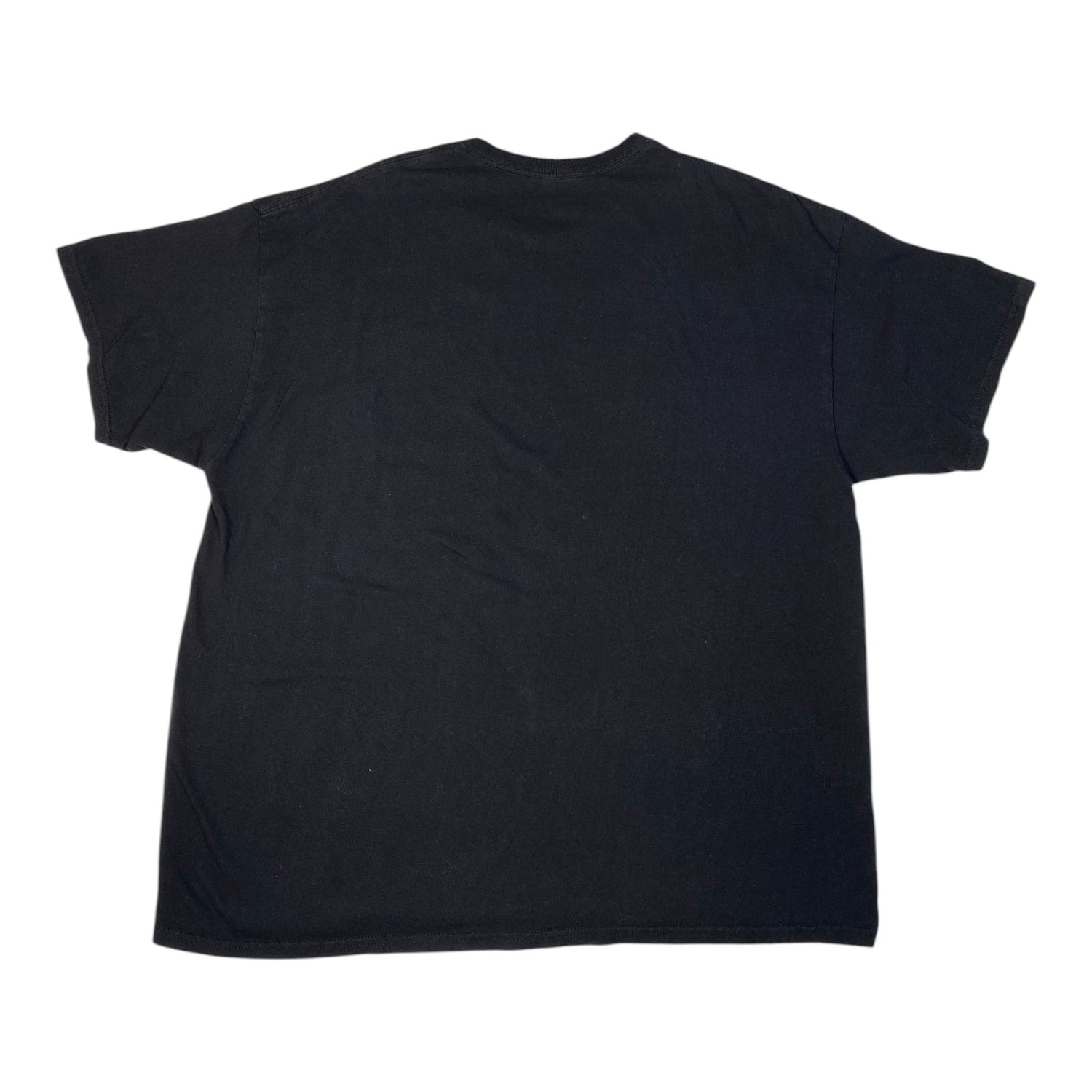 A plain black short-sleeve t-shirt laid flat against a solid white background.