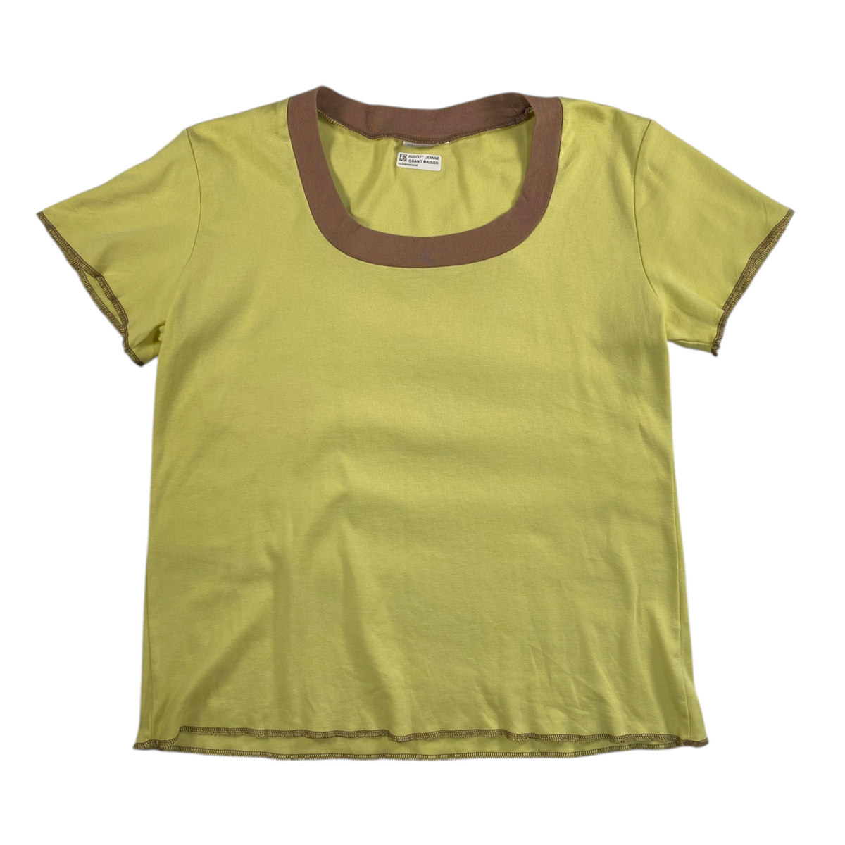 Digg It Thrift & Vintage yellow and brown contrast scoop neck t-shirt with lettuce edge trim, size large