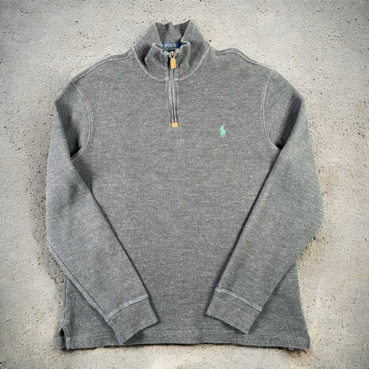 Polo Ralph Lauren Quarter-Zip Long Sleeve Dark Grey Sweater Green Embroidered Logo