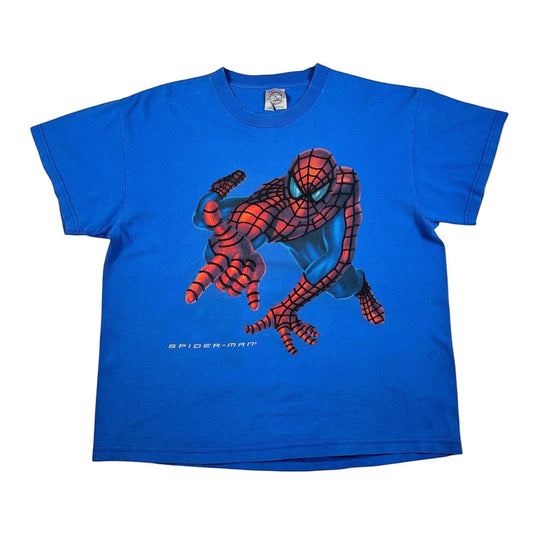 A royal blue short-sleeve t-shirt featuring a large graphic of Spider-Man on the front, with 'SPIDER-MAN' text printed below the character, shown against a plain white background.