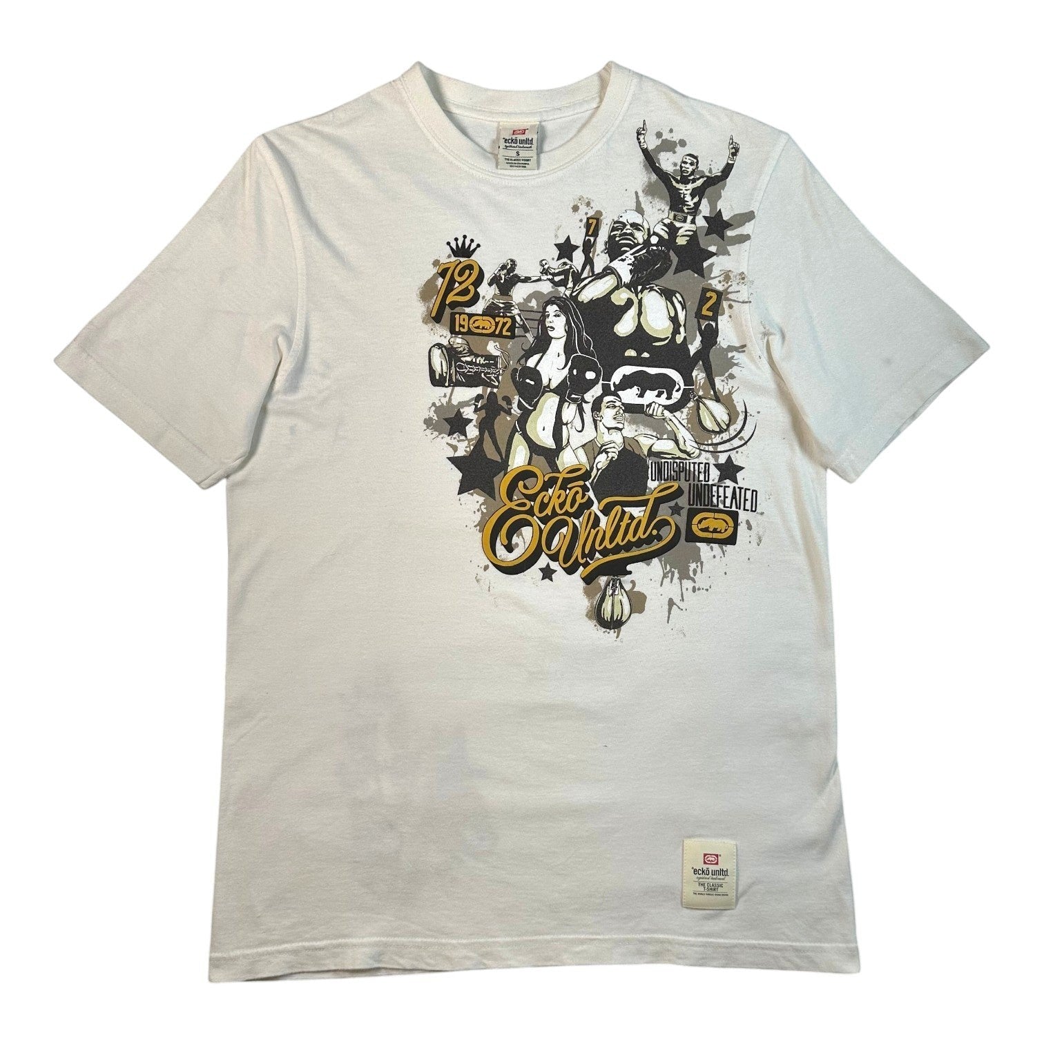 A white short-sleeve crewneck t-shirt featuring a large graphic print on the front with the words 'Eco Motor' in stylized gold lettering, surrounded by black and gray illustrated figures and elements.