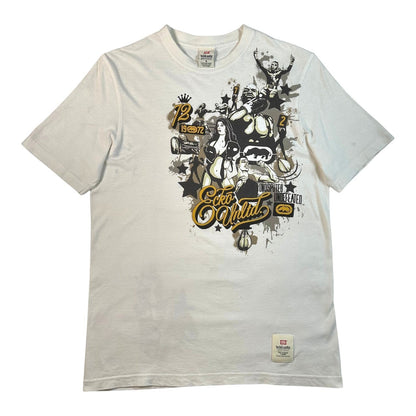 A white short-sleeve crewneck t-shirt featuring a large graphic print on the front with the words 'Eco Motor' in stylized gold lettering, surrounded by black and gray illustrated figures and elements.