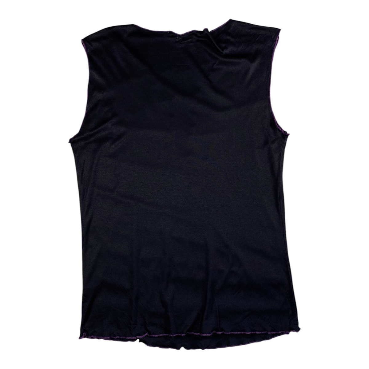 Digg It Thrift & Vintage black sleeveless top with purple lettuce edge trim, back view