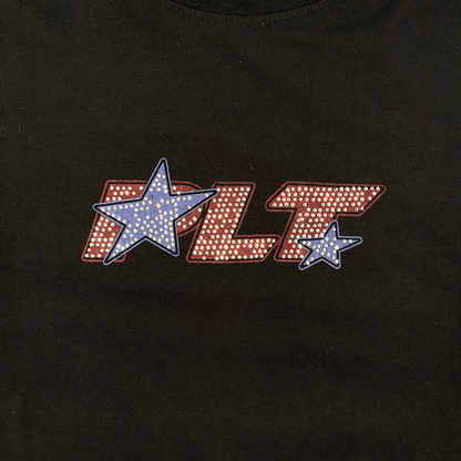 Digg It Thrift & Vintage black crop t-shirt featuring a red and blue rhinestone PLT star logo graphic