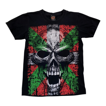 Digg It Thrift & Vintage black t-shirt featuring a distressed Basque flag skull graphic print, size small.