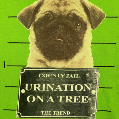 Digg It Thrift & Vintage lime green cap sleeve t-shirt featuring a pug mugshot graphic with county jail text