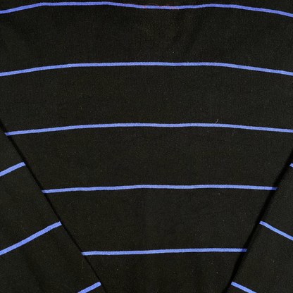 Digg It Thrift & Vintage Teddy Smith black knit sweater with royal blue horizontal stripes and V-neckline