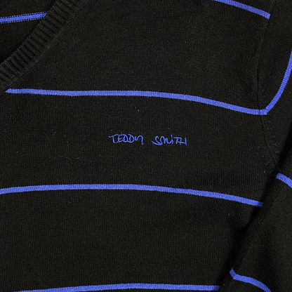 Digg It Thrift & Vintage Teddy Smith black knit sweater with royal blue horizontal stripes and V-neckline