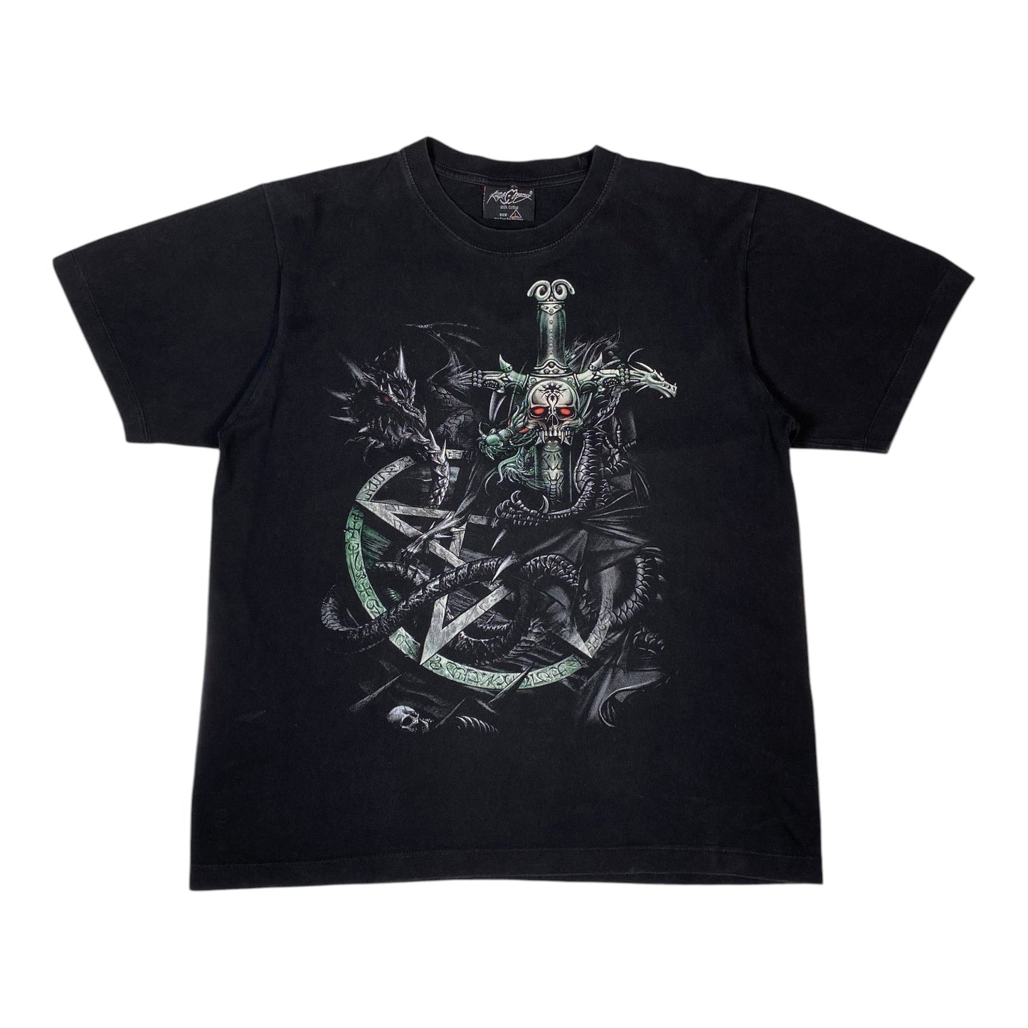 A black short-sleeve graphic t-shirt featuring a detailed illustration of a skeletal knight on a horse, holding a green sword and surrounded by dark dragons, displayed against a plain white background.