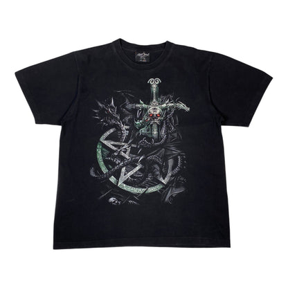 A black short-sleeve graphic t-shirt featuring a detailed illustration of a skeletal knight on a horse, holding a green sword and surrounded by dark dragons, displayed against a plain white background.
