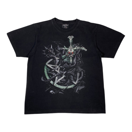 A black short-sleeve graphic t-shirt featuring a detailed illustration of a skeletal knight on a horse, holding a green sword and surrounded by dark dragons, displayed against a plain white background.