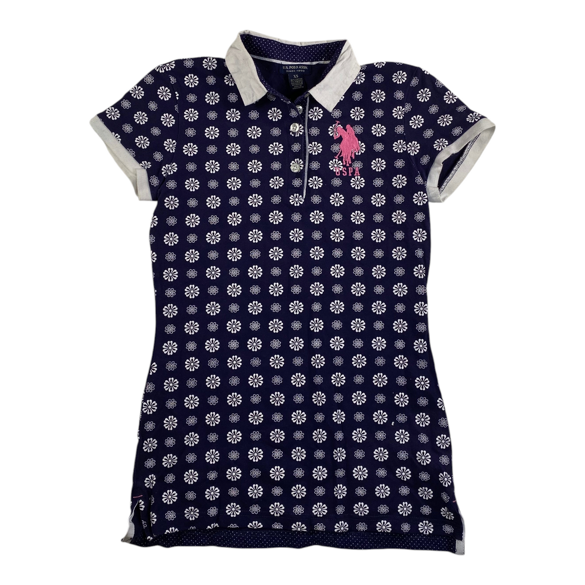 Digg It Thrift & Vintage U.S. Polo Assn. navy blue floral print polo dress with pink embroidered logo and white collar