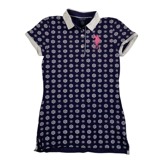 Digg It Thrift & Vintage U.S. Polo Assn. navy blue floral print polo dress with pink embroidered logo and white collar