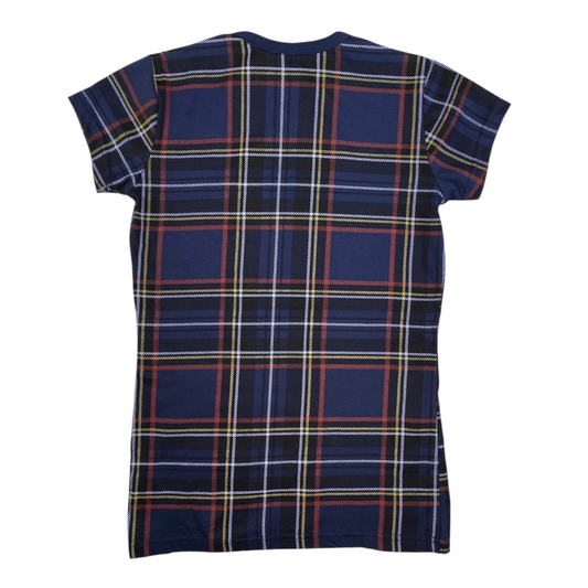 Digg It Thrift & Vintage navy blue plaid stretch crewneck t-shirt with red and yellow accents, back view