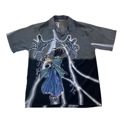 Digg It Thrift & Vintage All Things Collection gray and black anime samurai graphic short sleeve button-up shirt