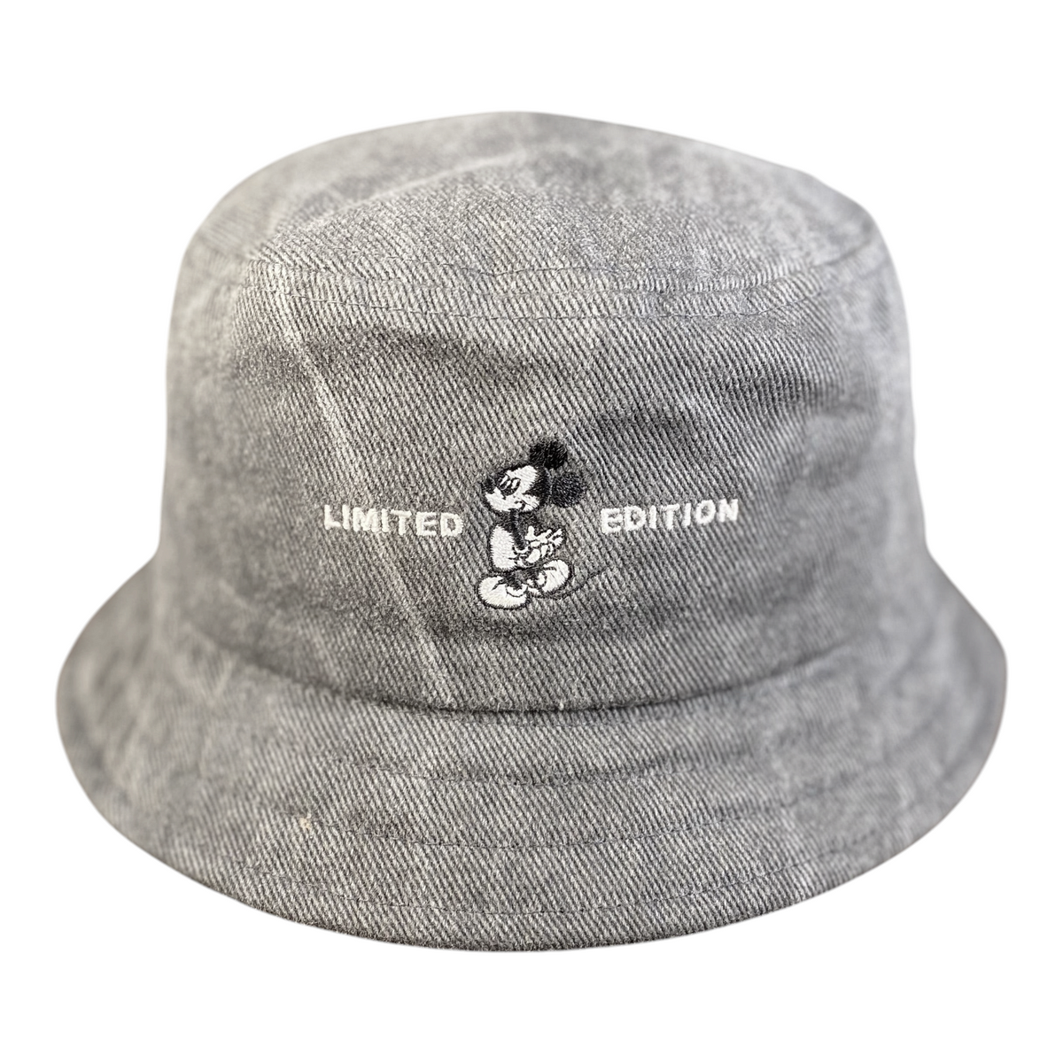 Digg It Thrift & Vintage grey acid-wash denim bucket hat featuring an embroidered Mickey Mouse Limited Edition logo