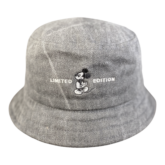 Digg It Thrift & Vintage grey acid-wash denim bucket hat featuring an embroidered Mickey Mouse Limited Edition logo