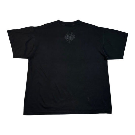 A black short-sleeve t-shirt shown from the back, featuring a small, tonal black graphic logo printed in the center of the upper back.