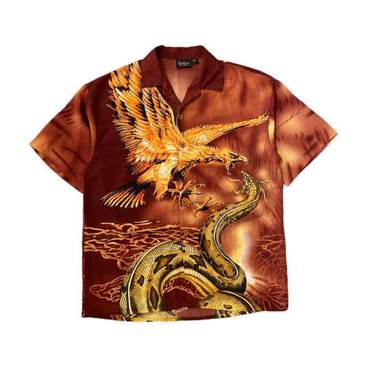 Vintage Red Hawk Vs Snake Graphic Button-up T-Shirt