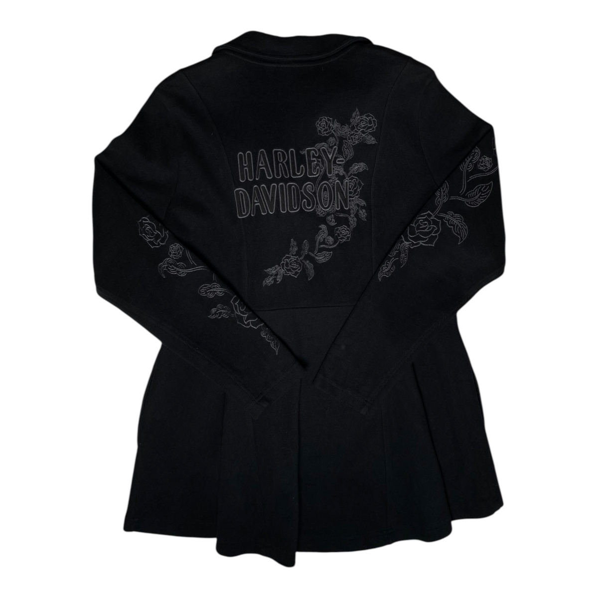 Digg It Thrift & Vintage black Harley-Davidson cardigan coat featuring floral rose embroidery and asymmetrical zip