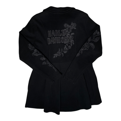 Digg It Thrift & Vintage black Harley-Davidson cardigan coat featuring floral rose embroidery and asymmetrical zip