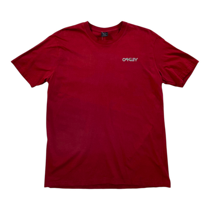 Digg It Thrift & Vintage rust red Oakley graphic t-shirt with a metallic bubble logo on the chest