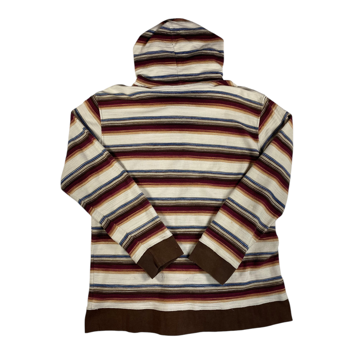 Back view of a Digg It Thrift & Vintage Stüssy vintage Baja striped full-zip hoodie with brown cuffs and hem.