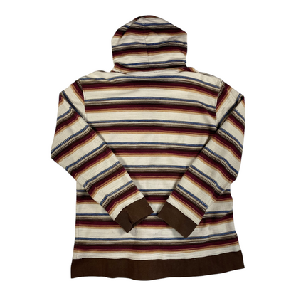 Back view of a Digg It Thrift & Vintage Stüssy vintage Baja striped full-zip hoodie with brown cuffs and hem.