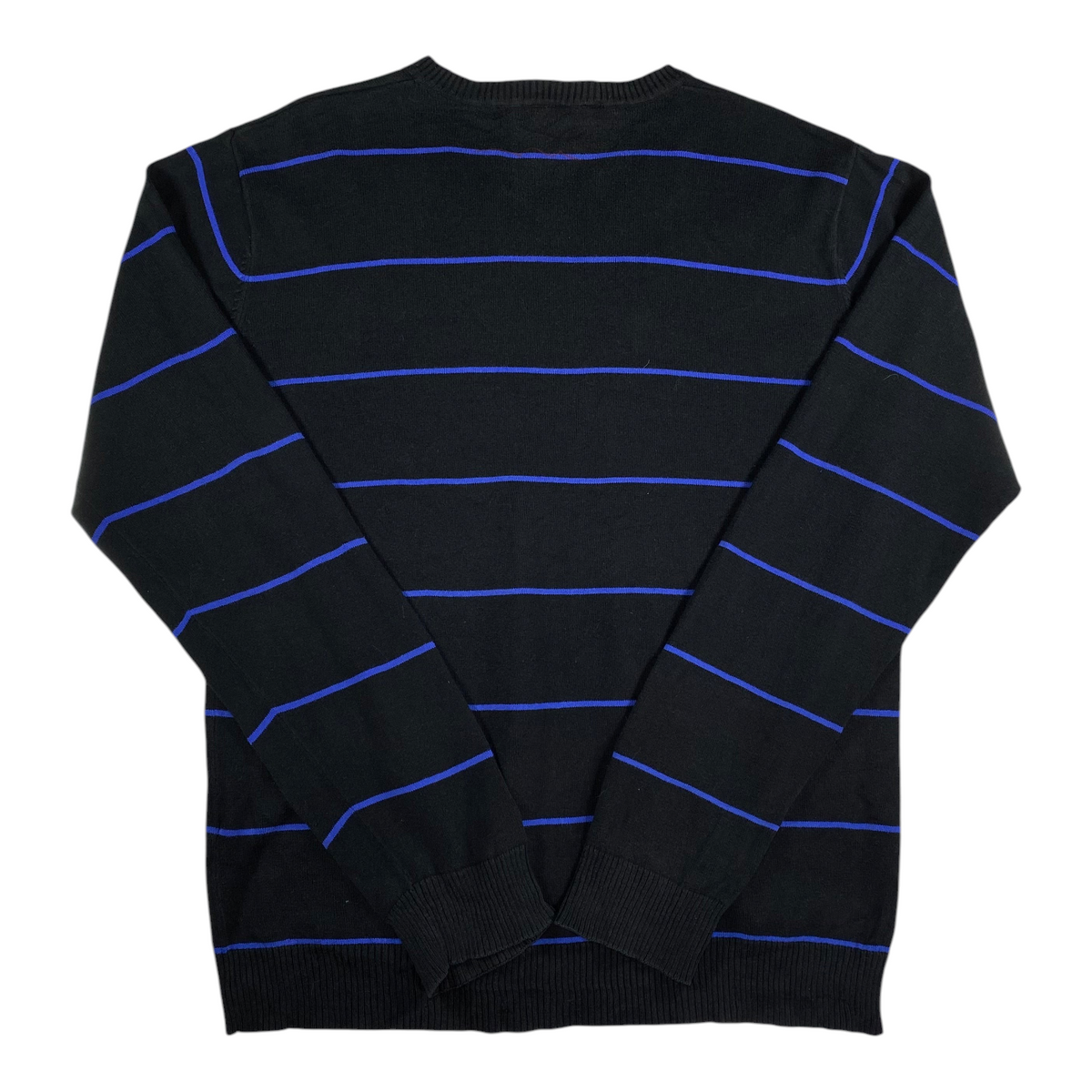 Digg It Thrift & Vintage Teddy Smith black knit sweater with royal blue horizontal stripes and a V-neck, size XL.