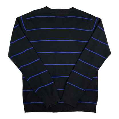 Digg It Thrift & Vintage Teddy Smith black knit sweater with royal blue horizontal stripes and a V-neck, size XL.
