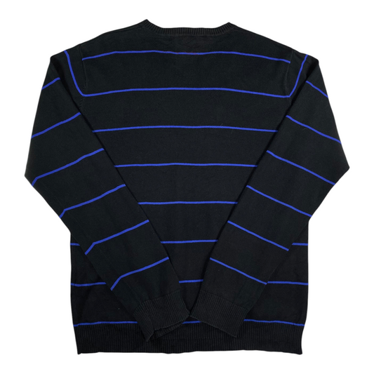 Digg It Thrift & Vintage Teddy Smith black knit sweater with royal blue horizontal stripes and a V-neck, size XL.