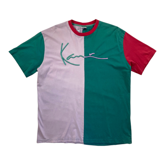 Digg It Thrift & Vintage Karl Kani colorblock t-shirt in pink, green, and red with embroidered logo, size large.