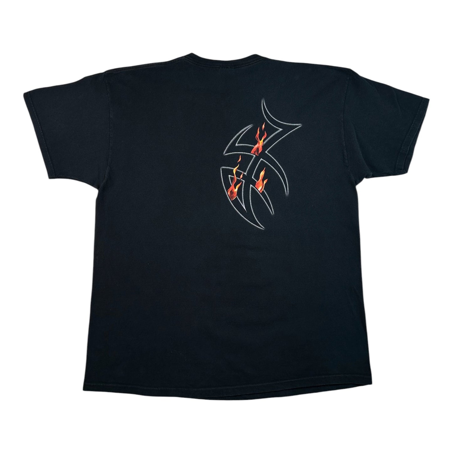 A black short-sleeve t-shirt shown from the back, featuring a stylized white outline graphic of the number 3 filled with red and orange flame details on the upper back.
