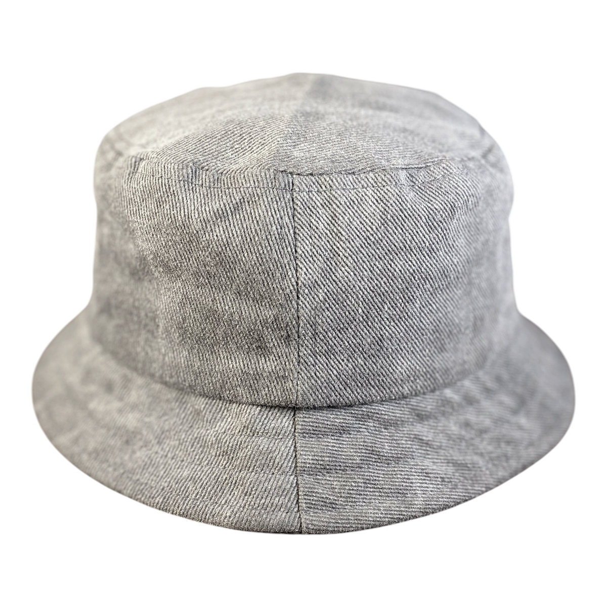 Digg It Thrift & Vintage grey acid-wash denim Mickey Mouse bucket hat with a classic wide brim design.