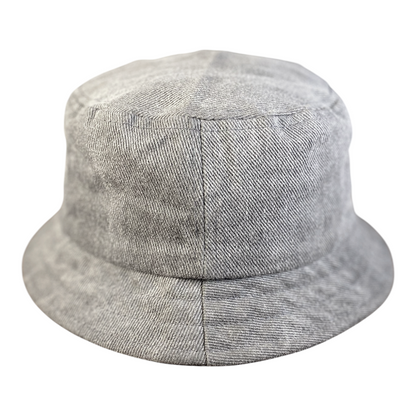 Digg It Thrift & Vintage grey acid-wash denim Mickey Mouse bucket hat with a classic wide brim design.