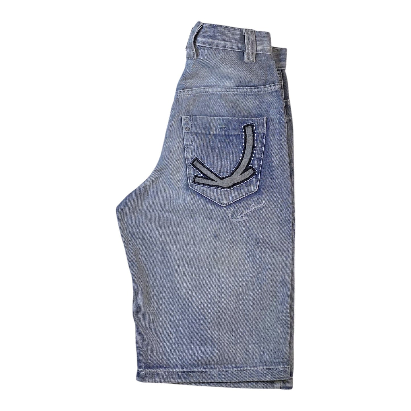 Light blue denim shorts with a unique curved gray patch detail on the back pocket, shown flat against a white background.