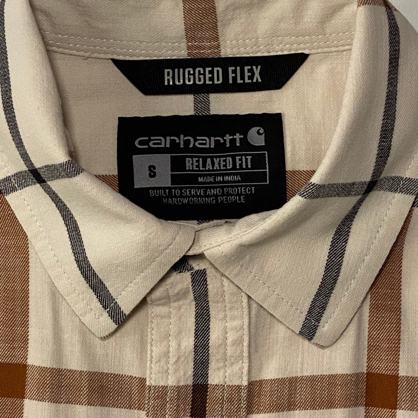 Carhartt Rugged Flex Cream, Blue, & Brown Plaid Pattern Shirt