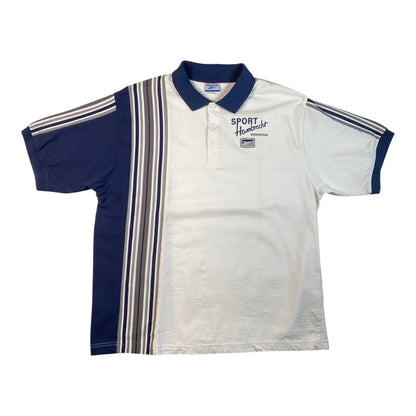 A vintage short-sleeve polo shirt with a split design, featuring a white body, navy blue collar and sleeve, and vertical stripes in navy, gray, and white down the left side. The chest has 'SPORT' and 'Hamilton' printed on it.