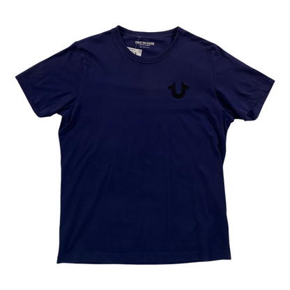 Digg It Thrift & Vintage navy blue True Religion t-shirt with black embroidered horseshoe logo on the chest