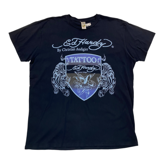 Digg It Thrift & Vintage black Ed Hardy True Til Death graphic t-shirt featuring tiger and eagle tattoo art