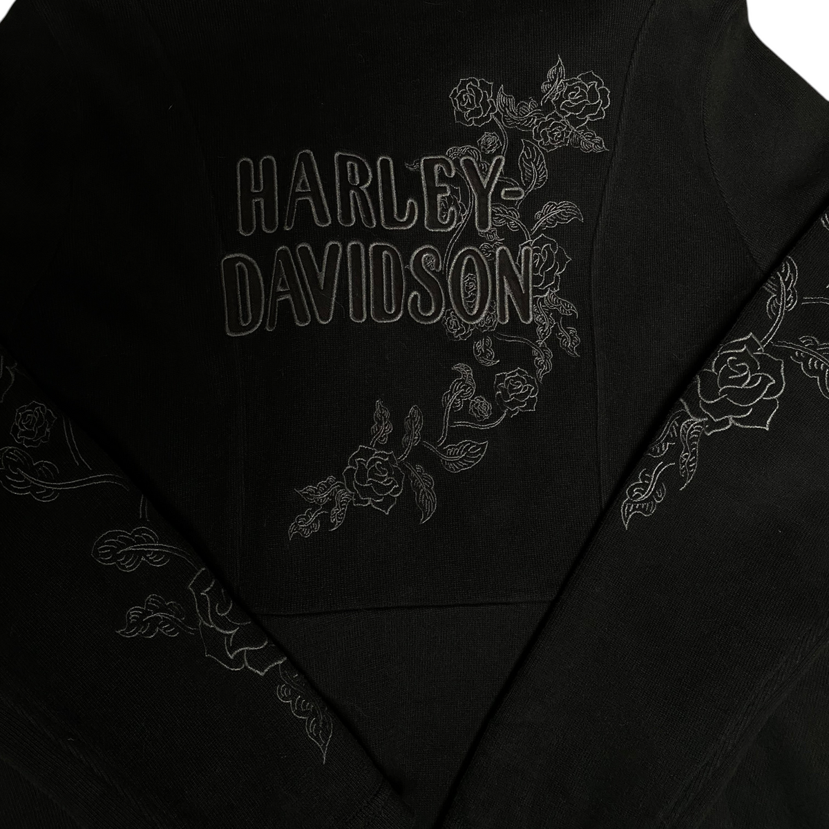 Digg It Thrift & Vintage black Harley-Davidson cardigan featuring tonal floral rose embroidery on back and sleeves