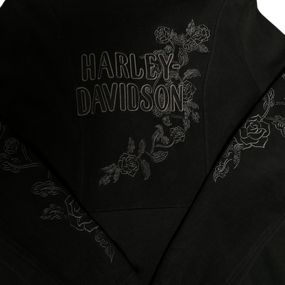 Digg It Thrift & Vintage black Harley-Davidson cardigan featuring tonal floral rose embroidery on back and sleeves