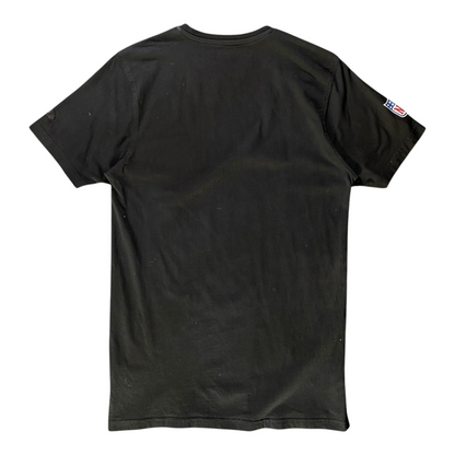 Back view of a black Digg It Thrift & Vintage San Francisco 49ers NFL cotton t-shirt with a small logo on the sleeve.