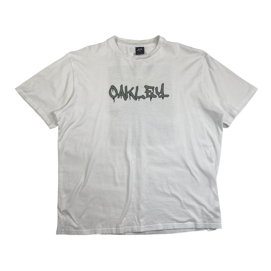 Digg It Thrift & Vintage white Oakley t-shirt featuring a green graffiti logo on the chest