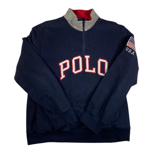 Digg It Thrift & Vintage navy fleece quarter-zip sweatshirt with red Polo logo and USA flag patch on the sleeve.