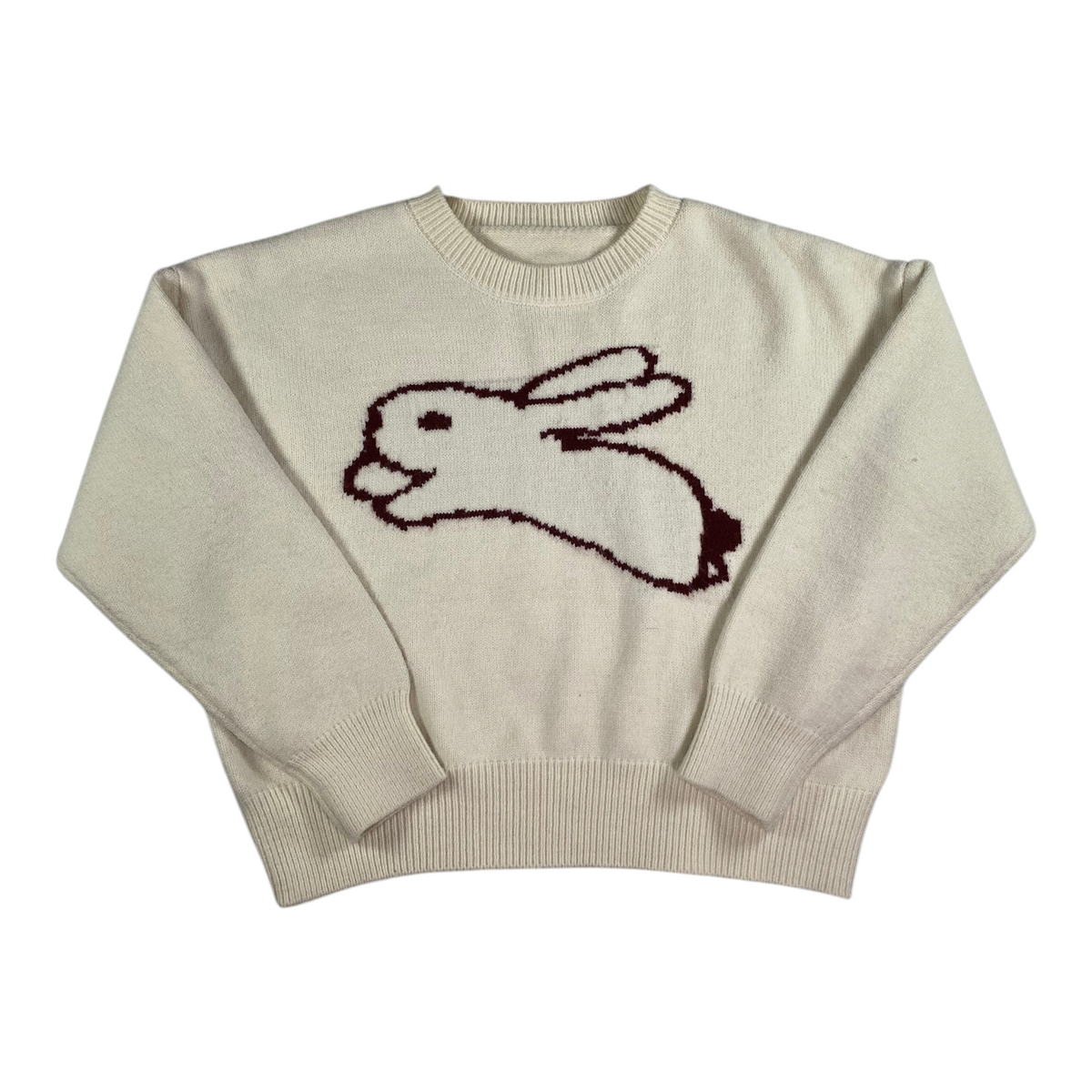 Digg It Thrift & Vintage cream knit sweater featuring a brown intarsia jumping rabbit design, size XL fit.