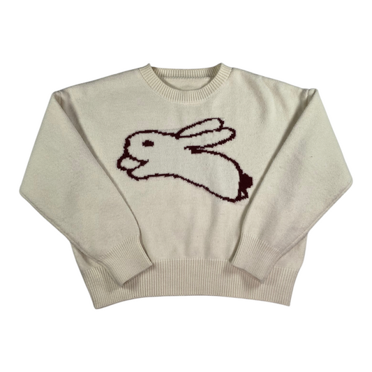 Digg It Thrift & Vintage cream knit sweater featuring a brown intarsia jumping rabbit design, size XL fit.